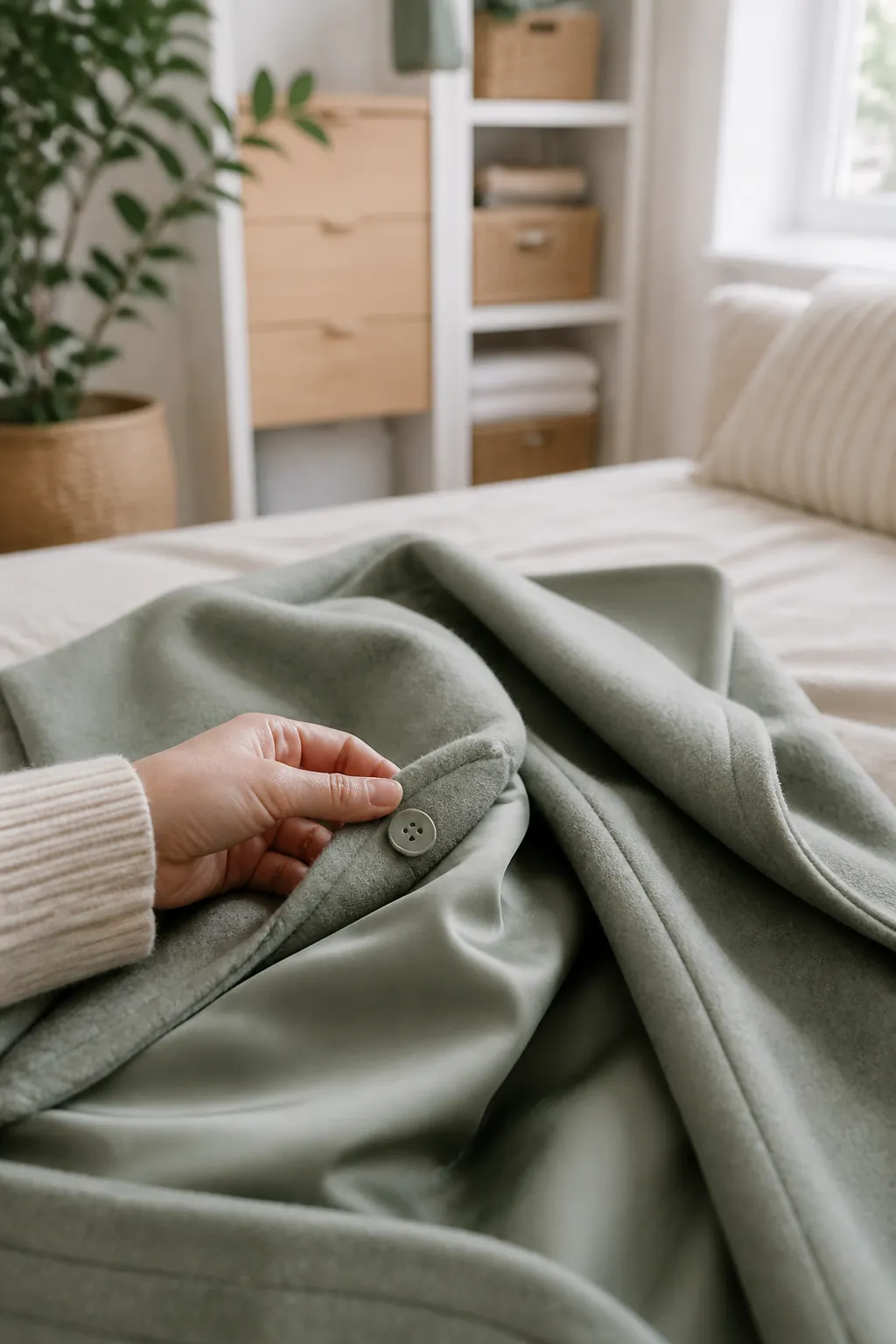 A hand checking the inside pocket of a folded wool coat lying on a bed before it goes into storage.
