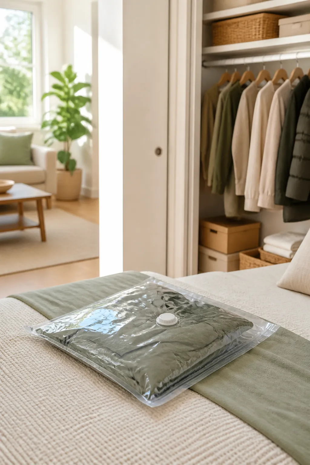 A vacuum storage bag compressed flat around a folded rain shell, air valve visible on the bag's surface.