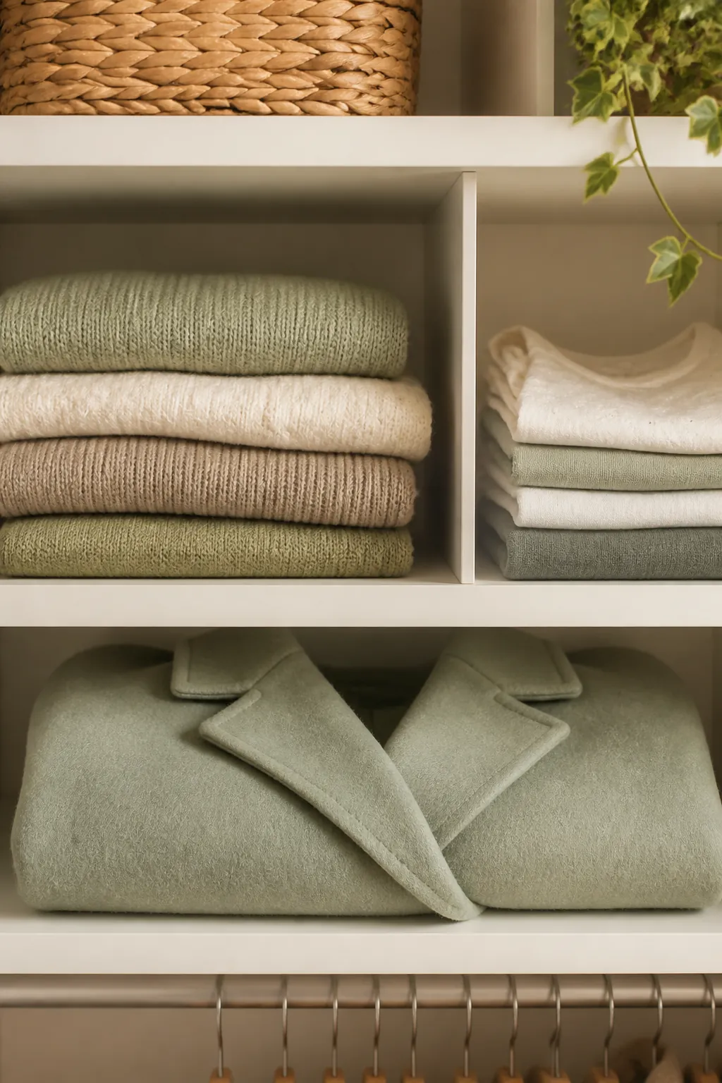 A closet top shelf divided into sections, a heavy folded wool coat lying flat at the bottom of one section.
