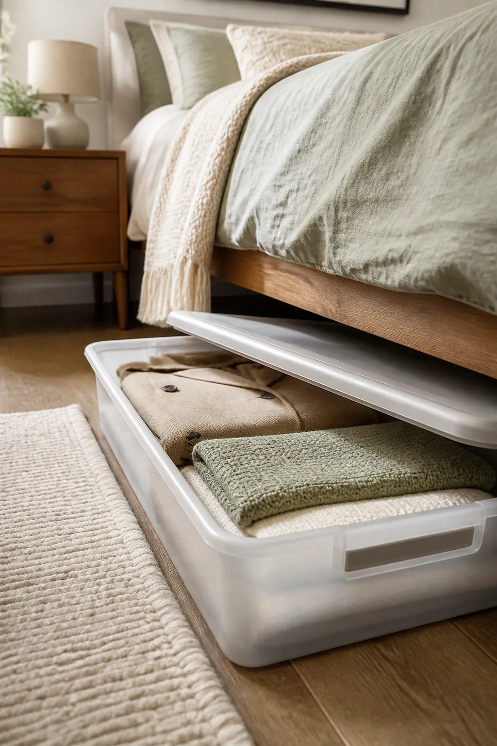 A lidded storage bin pulled out from under a bed frame, a folded coat visible inside beside folded sweaters.