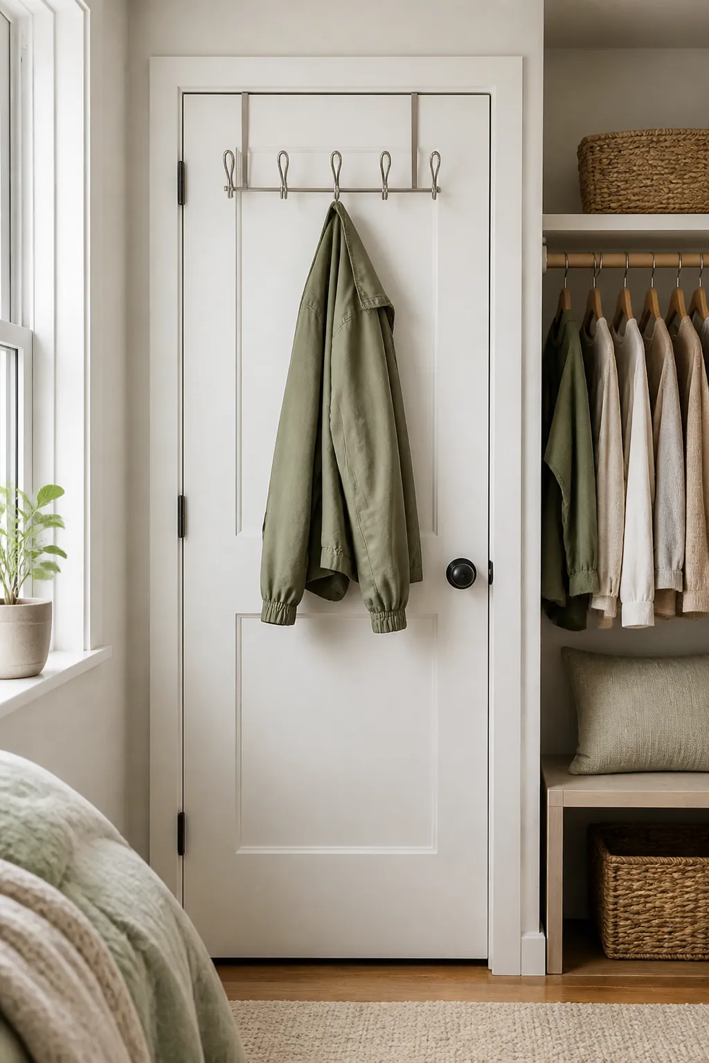 An over-the-door hook rack on a closet door holding one lightweight jacket within easy reach of the room.