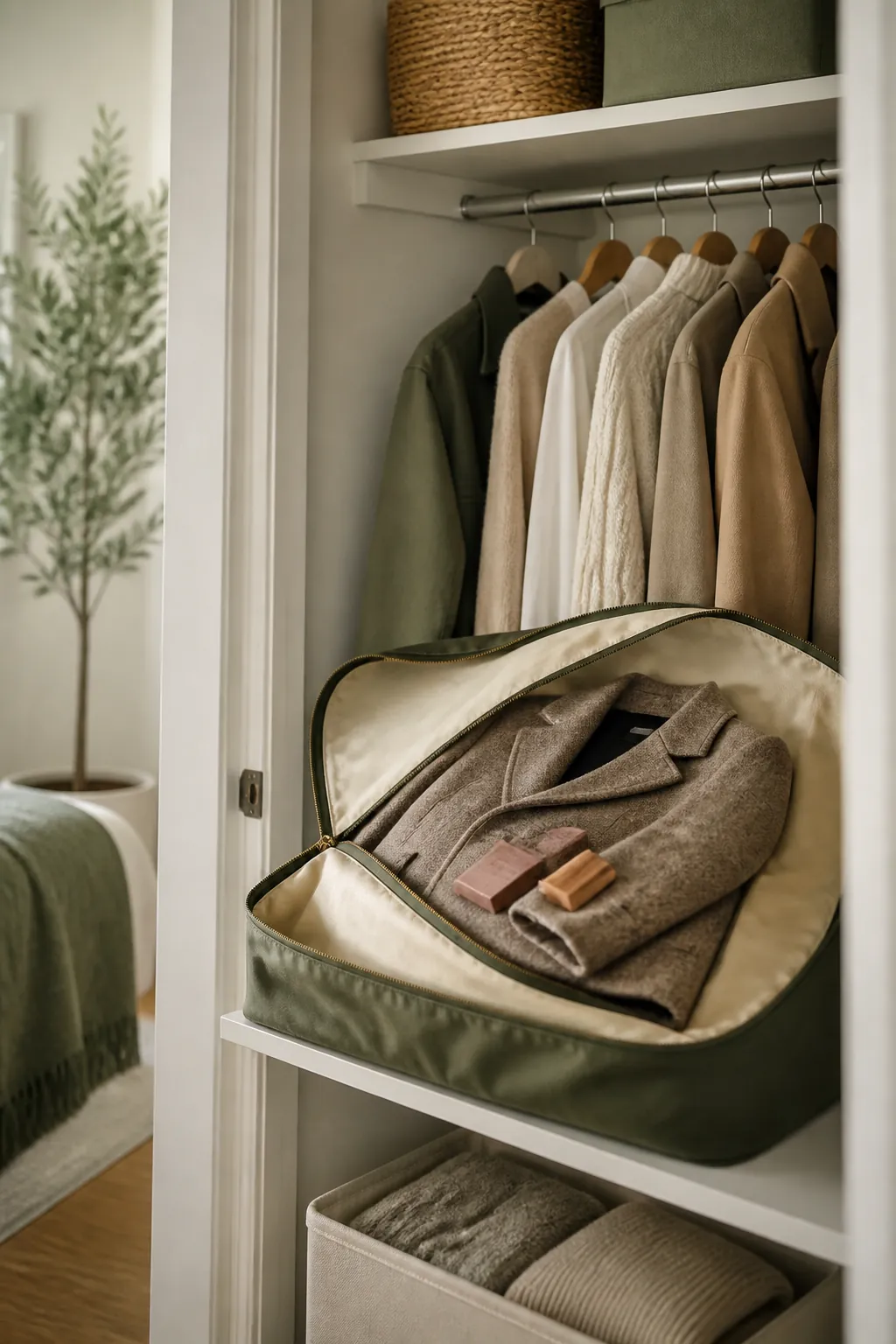 A cedar block tucked into the sleeve of a folded wool coat resting inside an open garment bag.