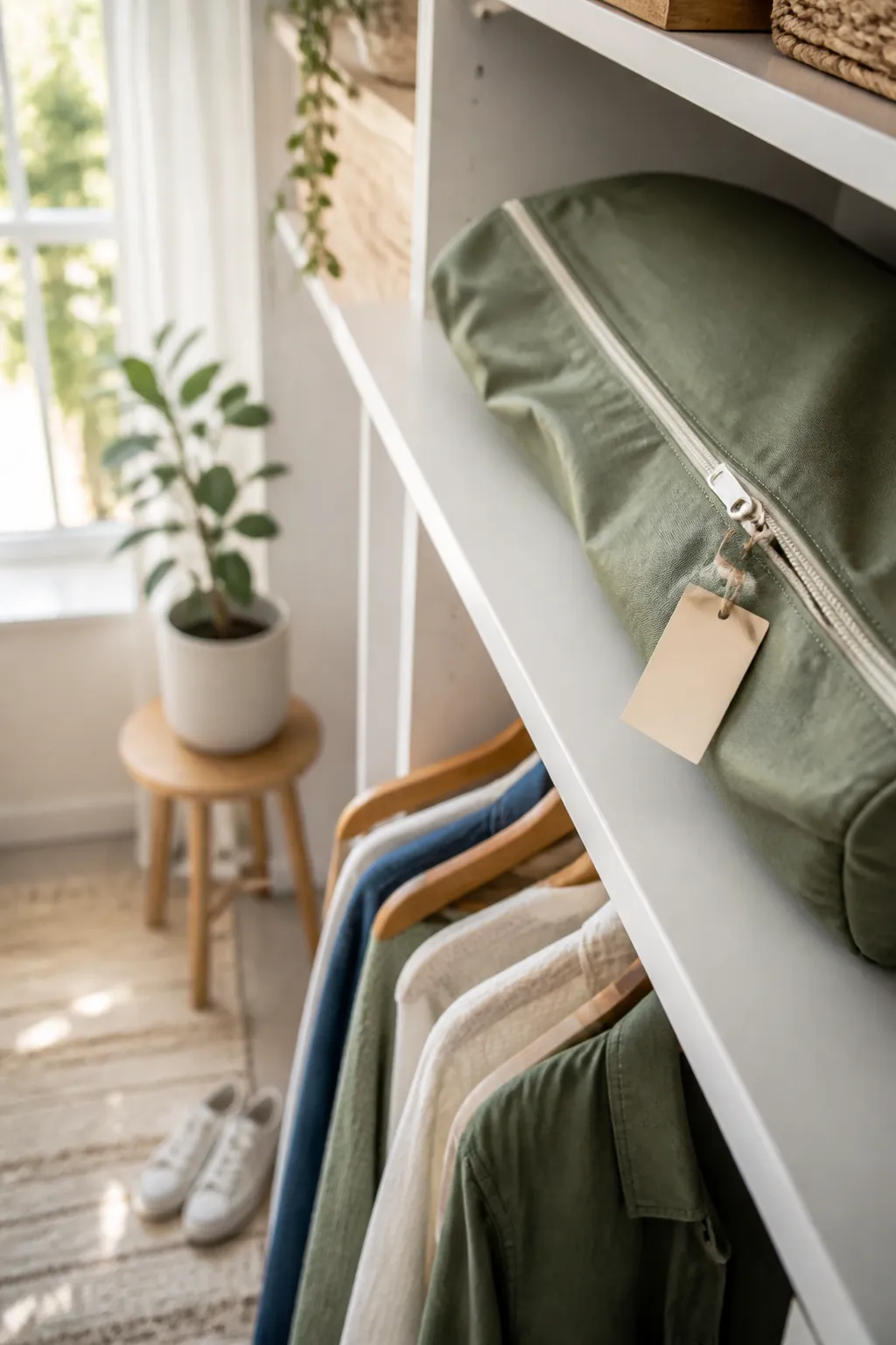A handwritten label tag clipped to a garment bag's zipper pull, readable from below on a closet shelf.