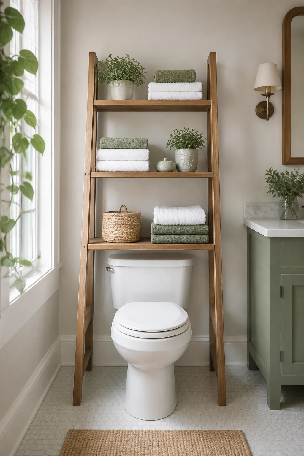A freestanding three-tier ladder shelf straddling a toilet holding folded towels