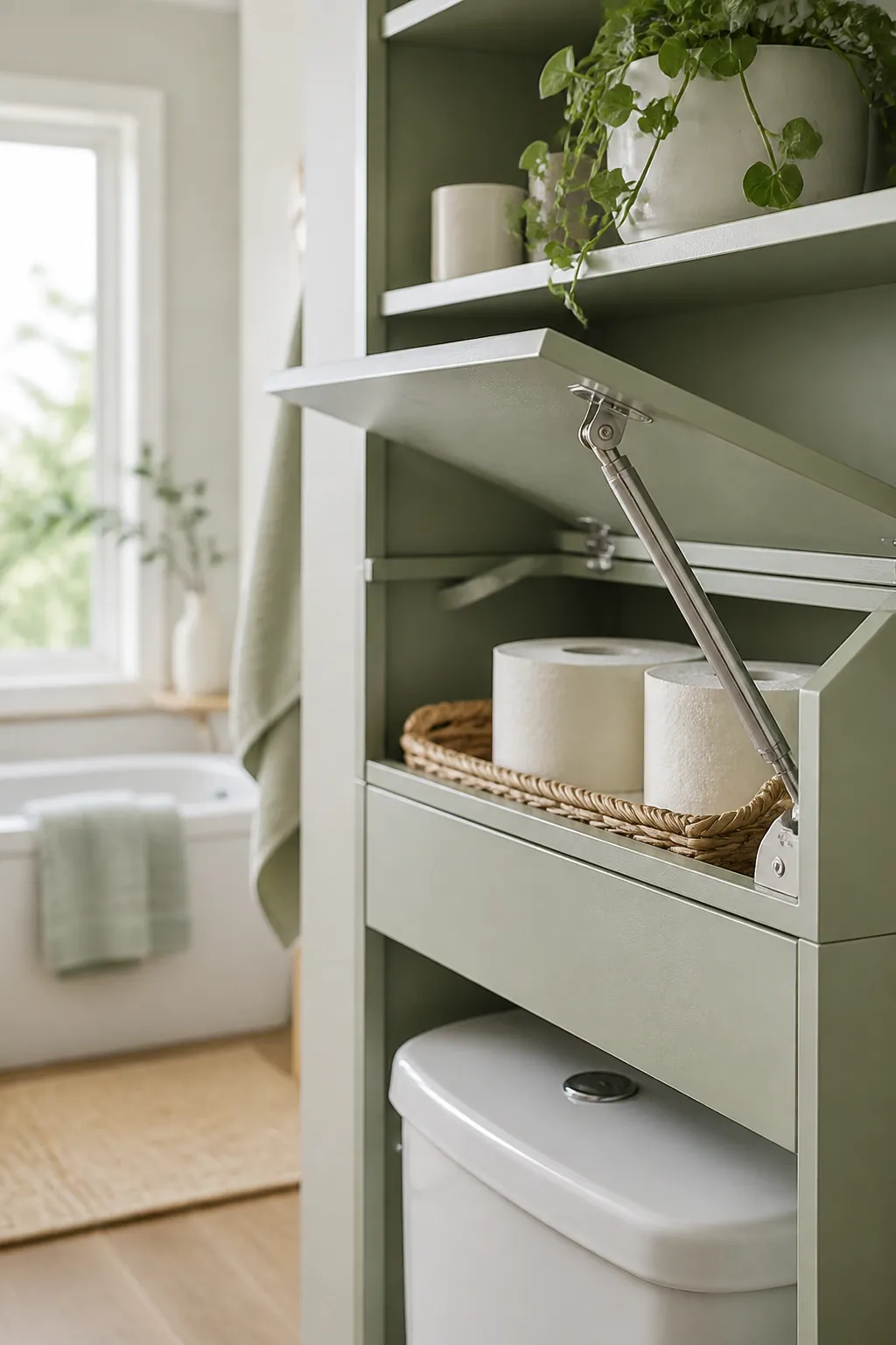 An over-toilet unit with open shelves above and a closed cabinet below hiding supplies