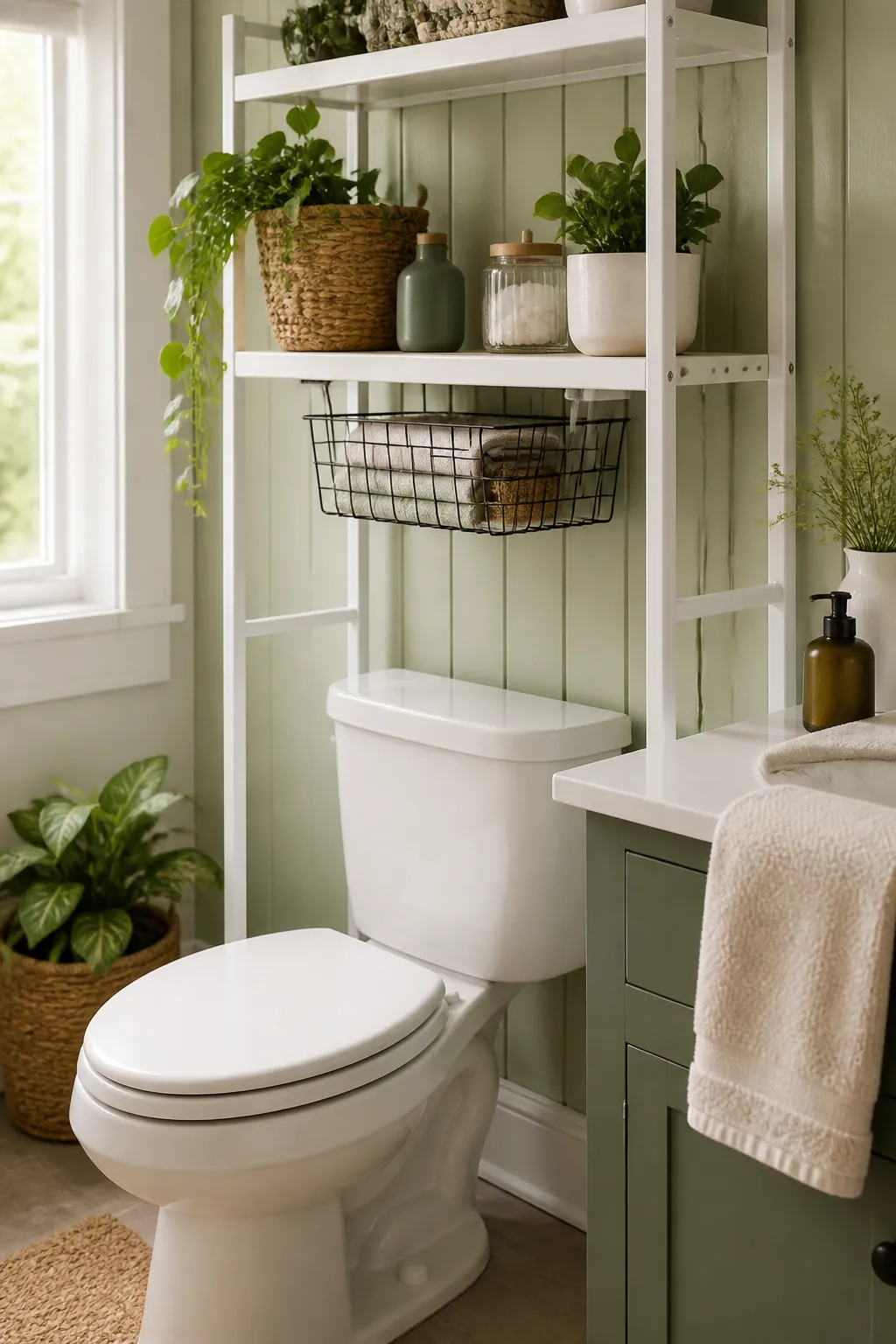 A wire basket clipped beneath the solid top shelf of an over-toilet unit