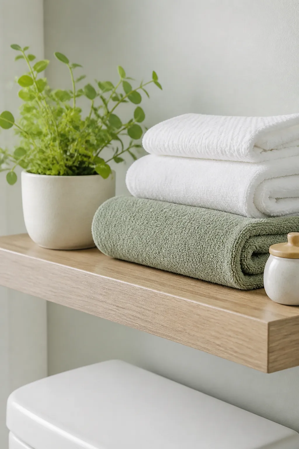 A single deep floating shelf above a toilet holding folded towels and a plant