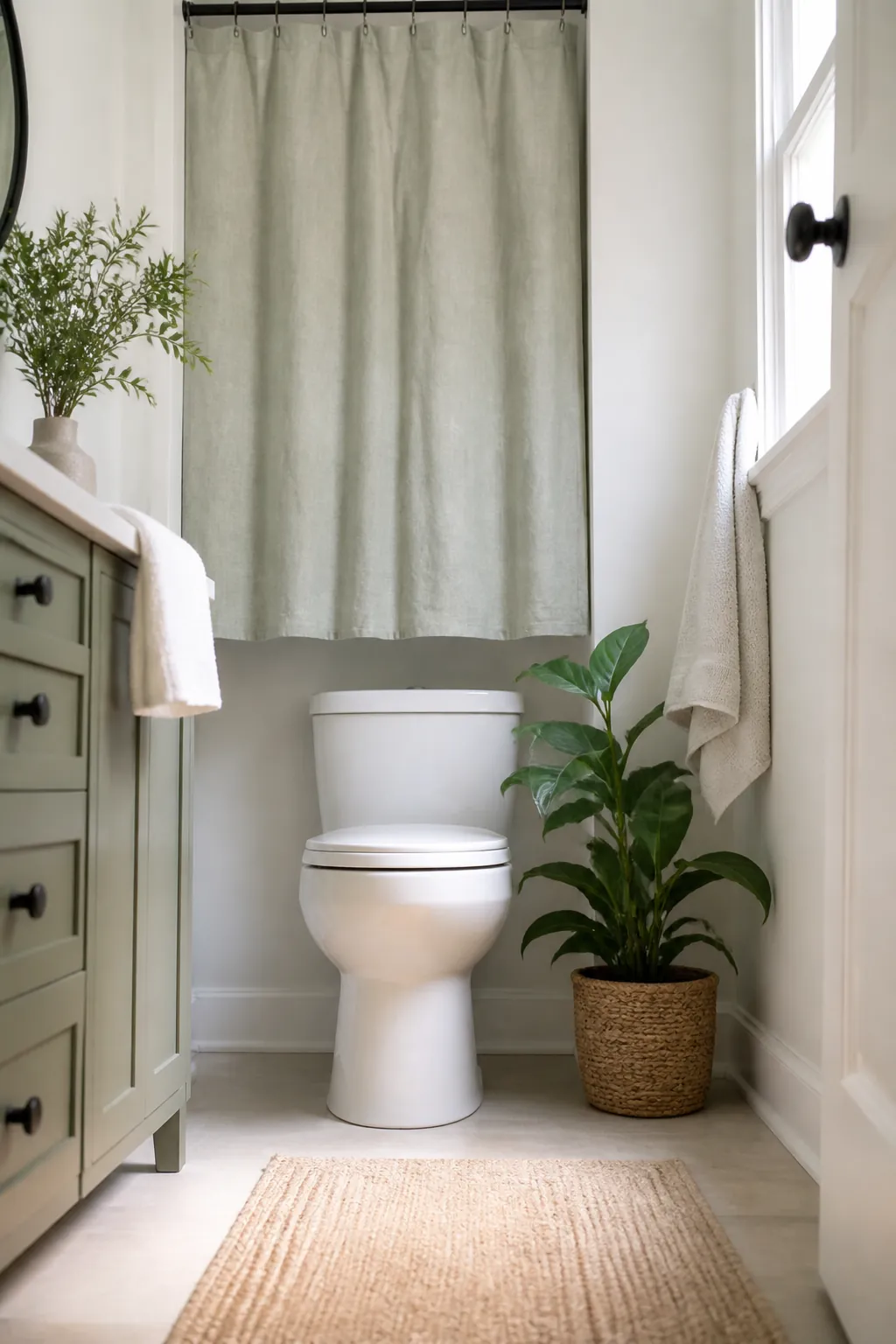 A tension-rod curtain drawn across open over-toilet shelving hiding the items behind