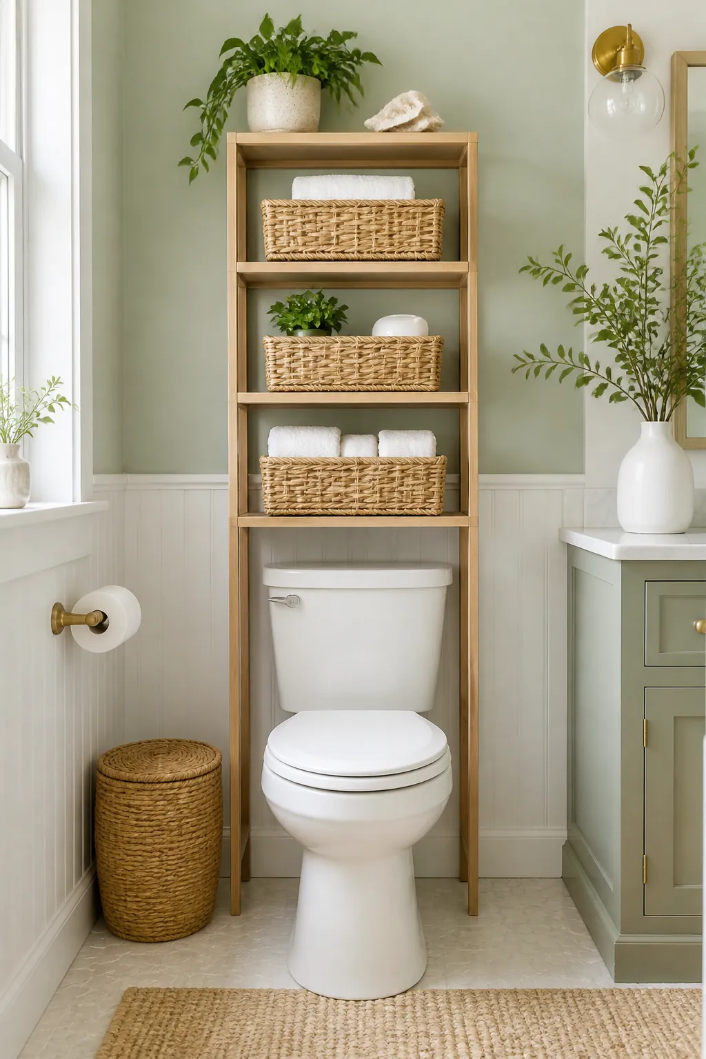 Low baskets filling each tier of an over-toilet shelf so nothing stacks loose