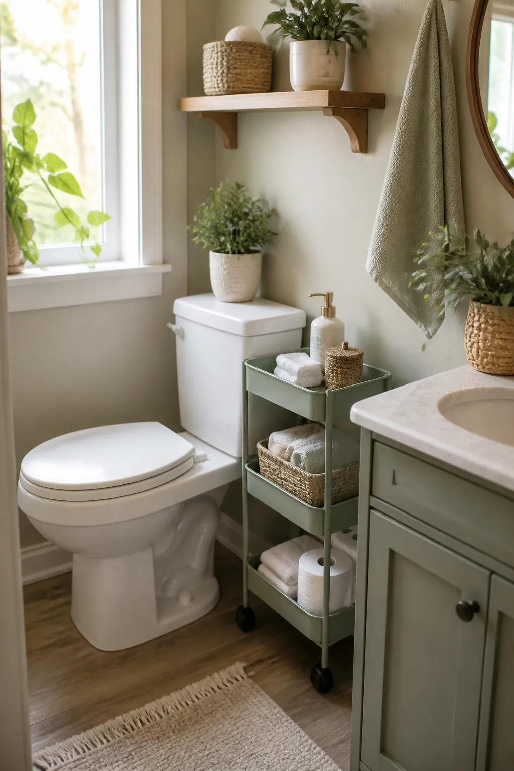 A narrow rolling cart beside a toilet with a single shelf mounted on the wall above