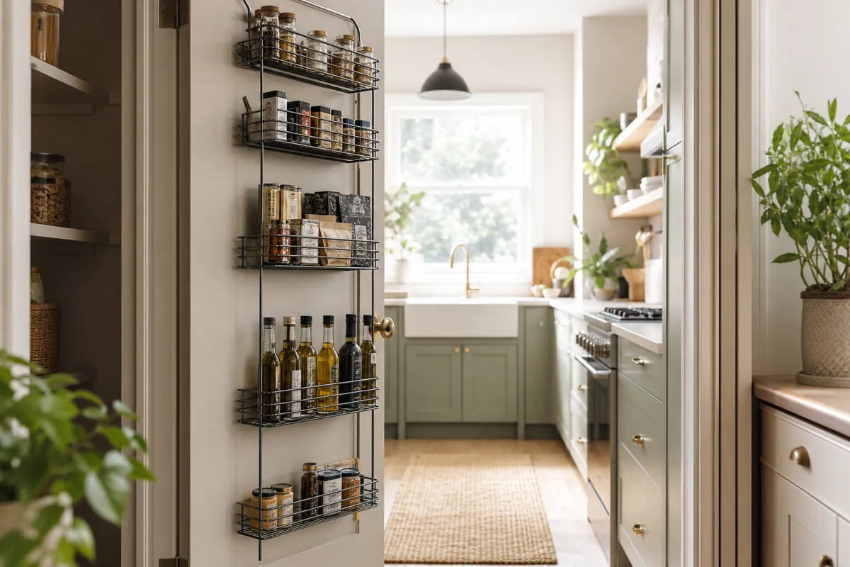 Door-mounted wire rack with nine tiers holding spices and oils, a key pantry organization small space fix for narrow doors