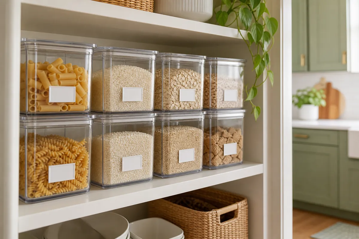 Clear stackable food storage bins double-stacked on a pantry shelf holding grains and pasta for small space pantry organization