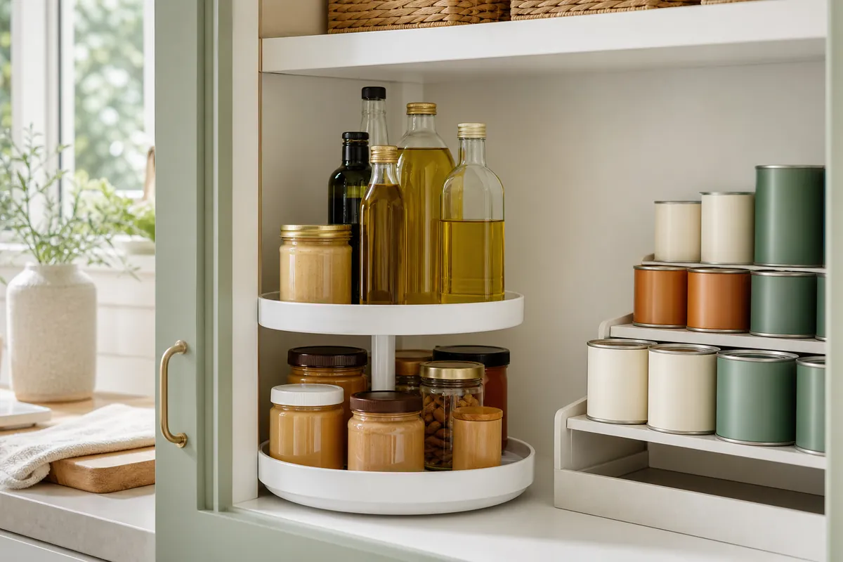 Two-tier turntable lazy susan organizer with oils and jars in a pantry corner beside a tiered can riser on a bright shelf