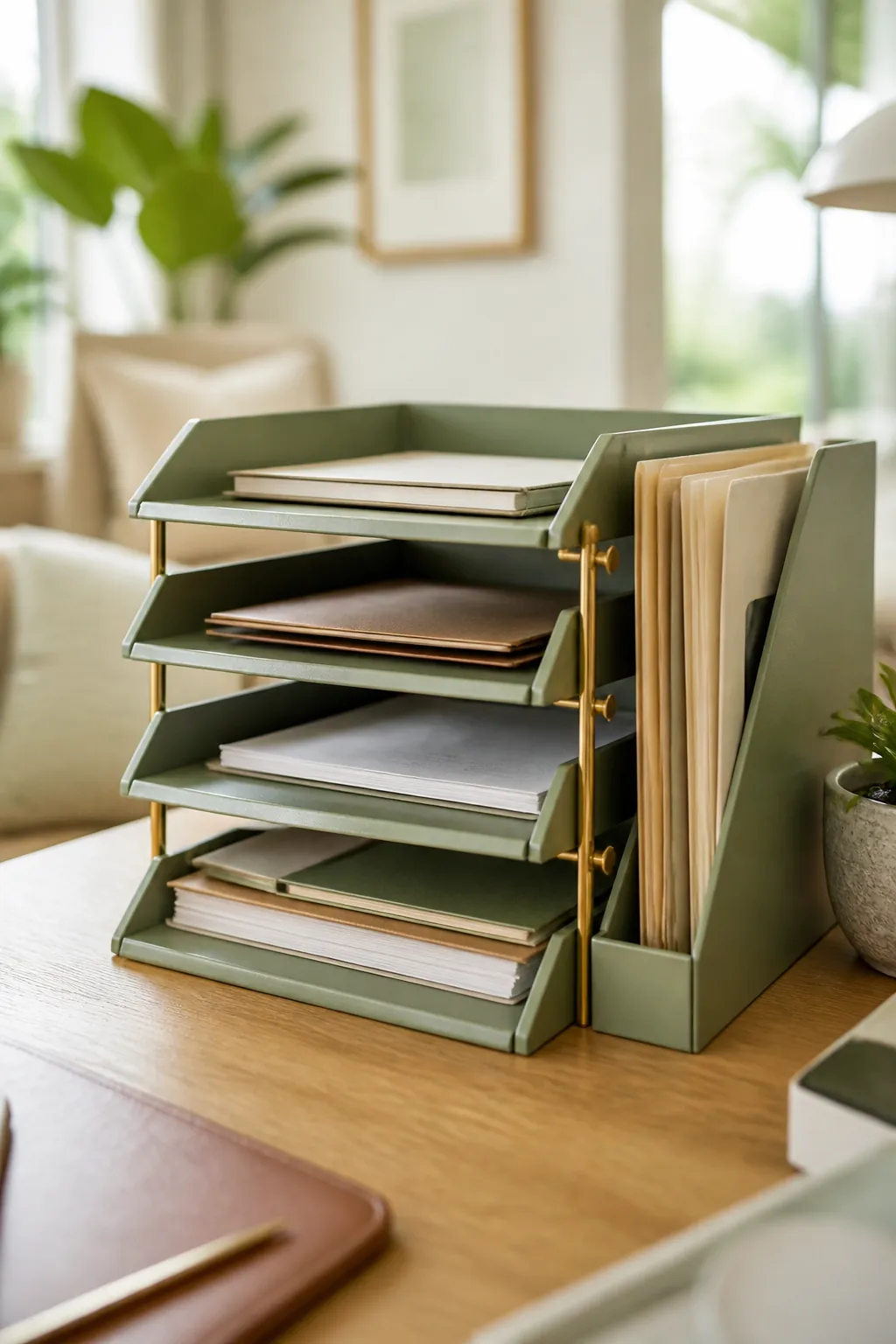 A four-tier desk organizer with a vertical file holder holding folders and loose papers on a desk