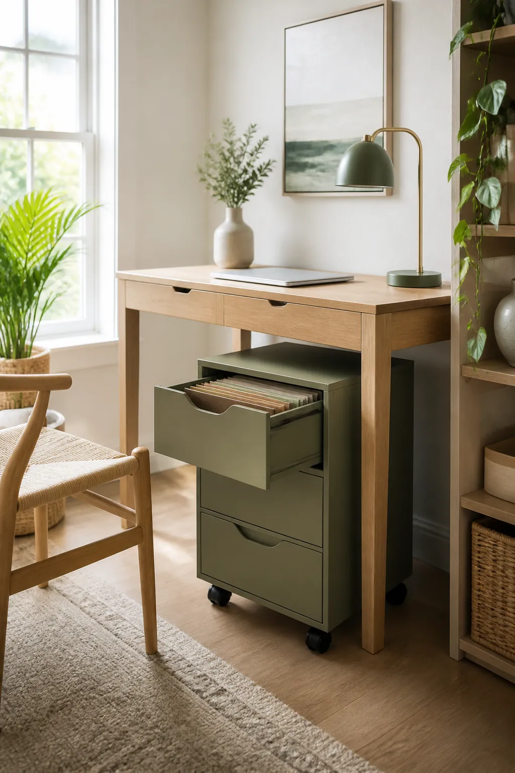 A rolling three-drawer storage cart under a desk with the top drawer open showing labeled folders