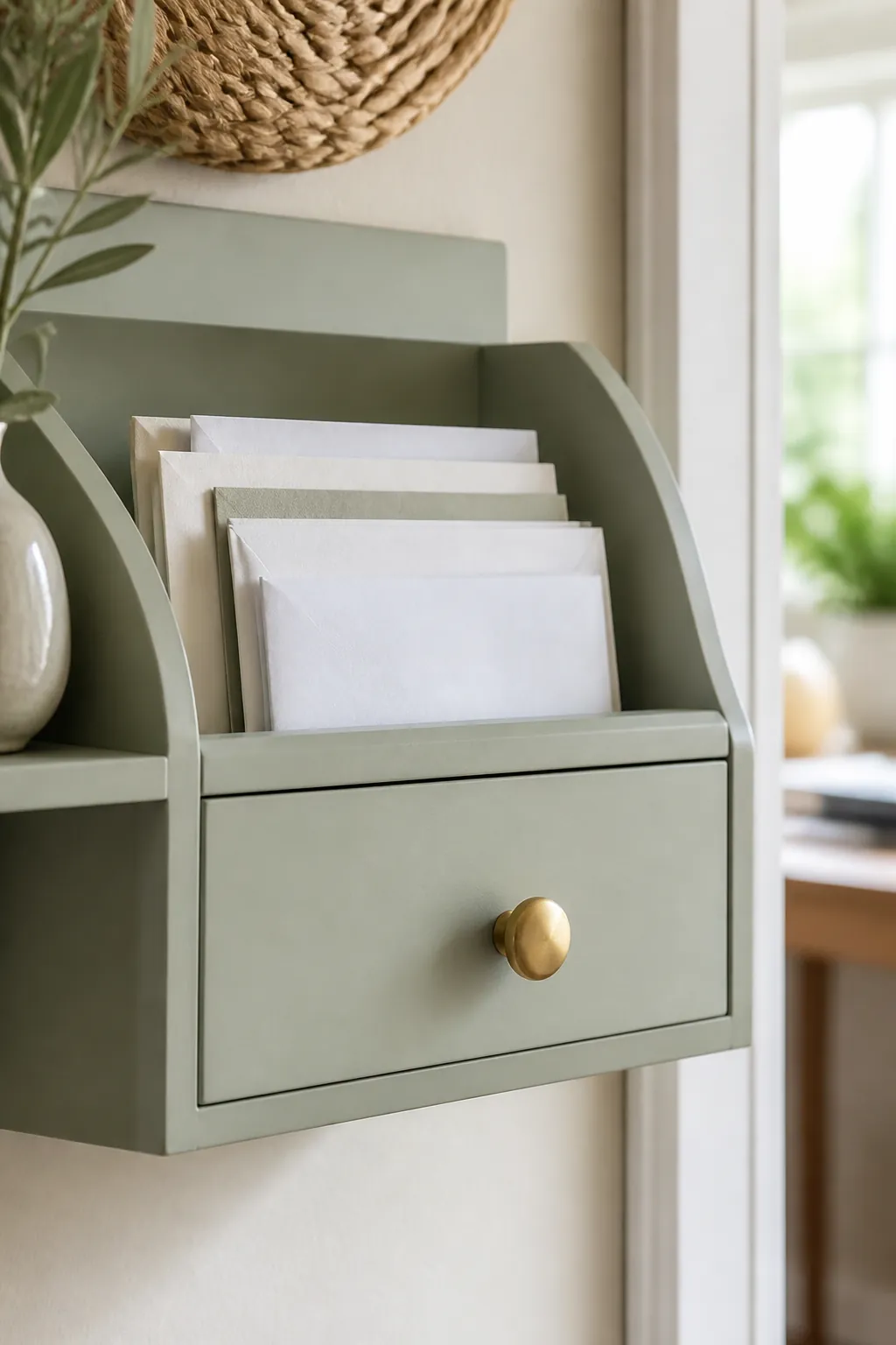 A wall-mounted mail organizer with a drawer near a doorway holding a small stack of incoming mail