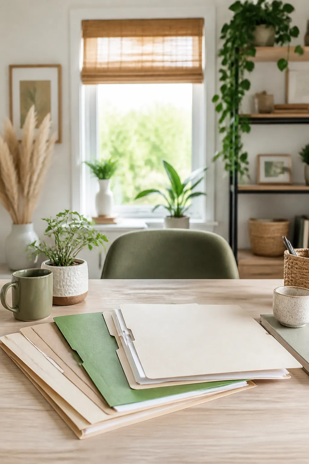 Labeled folders for bills, tax documents, and warranties fanned out across a desk surface