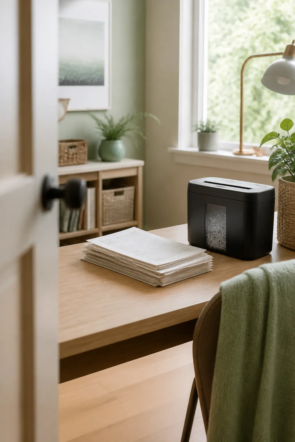 A small desktop shredder next to a short stack of old bank statements about to be shredded