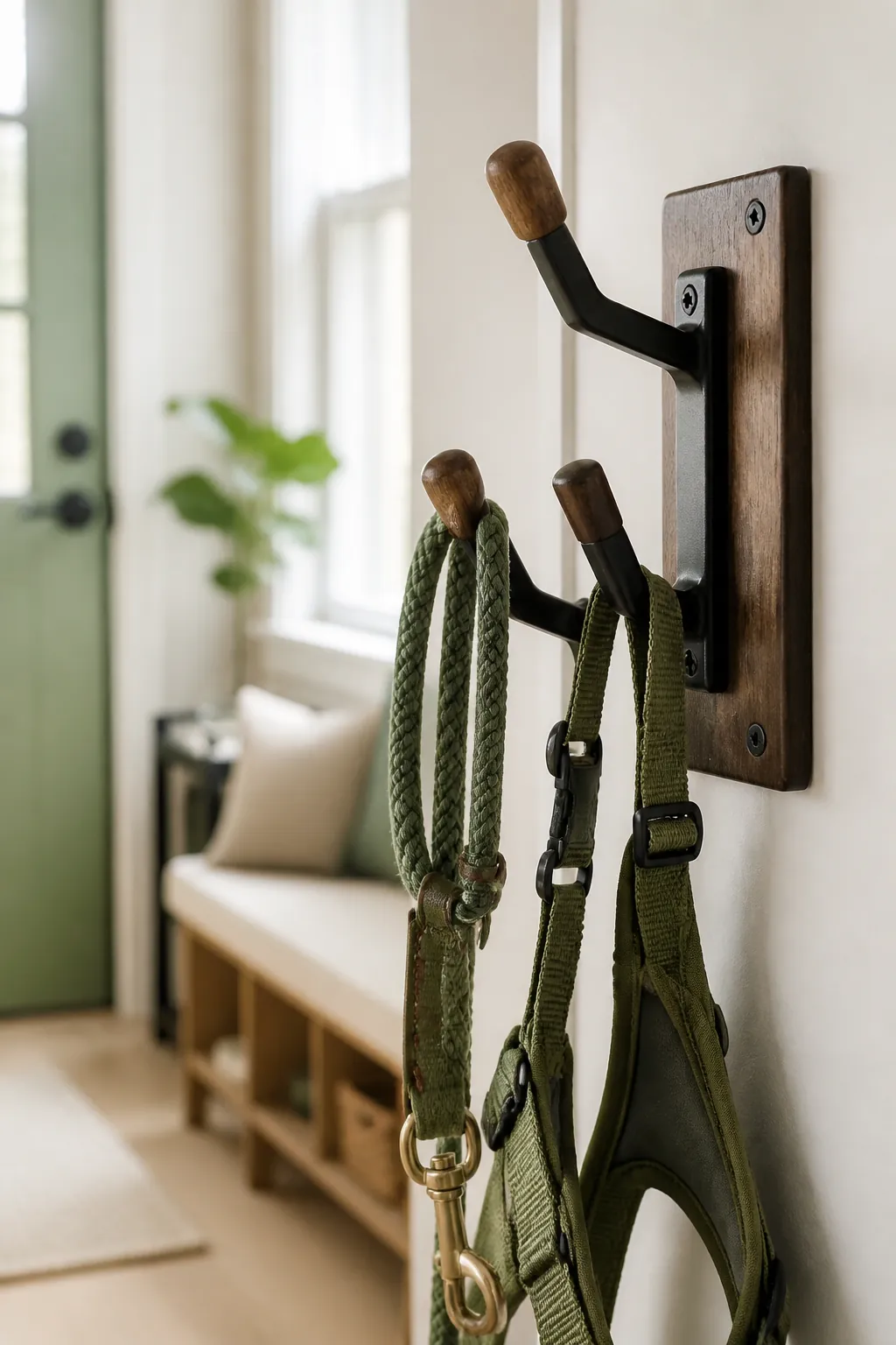 A heavy-duty wall hook rack mounted into a stud, holding a dog leash and harness by an apartment door