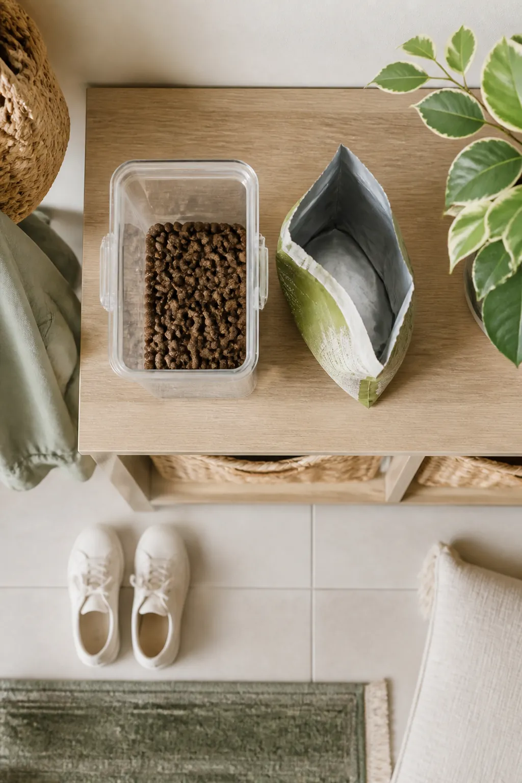 A clear stackable food storage bin filled with kibble on a shelf, an empty torn dog food bag beside it