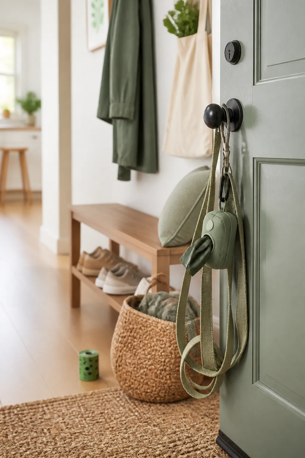 A poop bag dispenser clipped to a leash hook near the front door, a spare roll of bags beside it