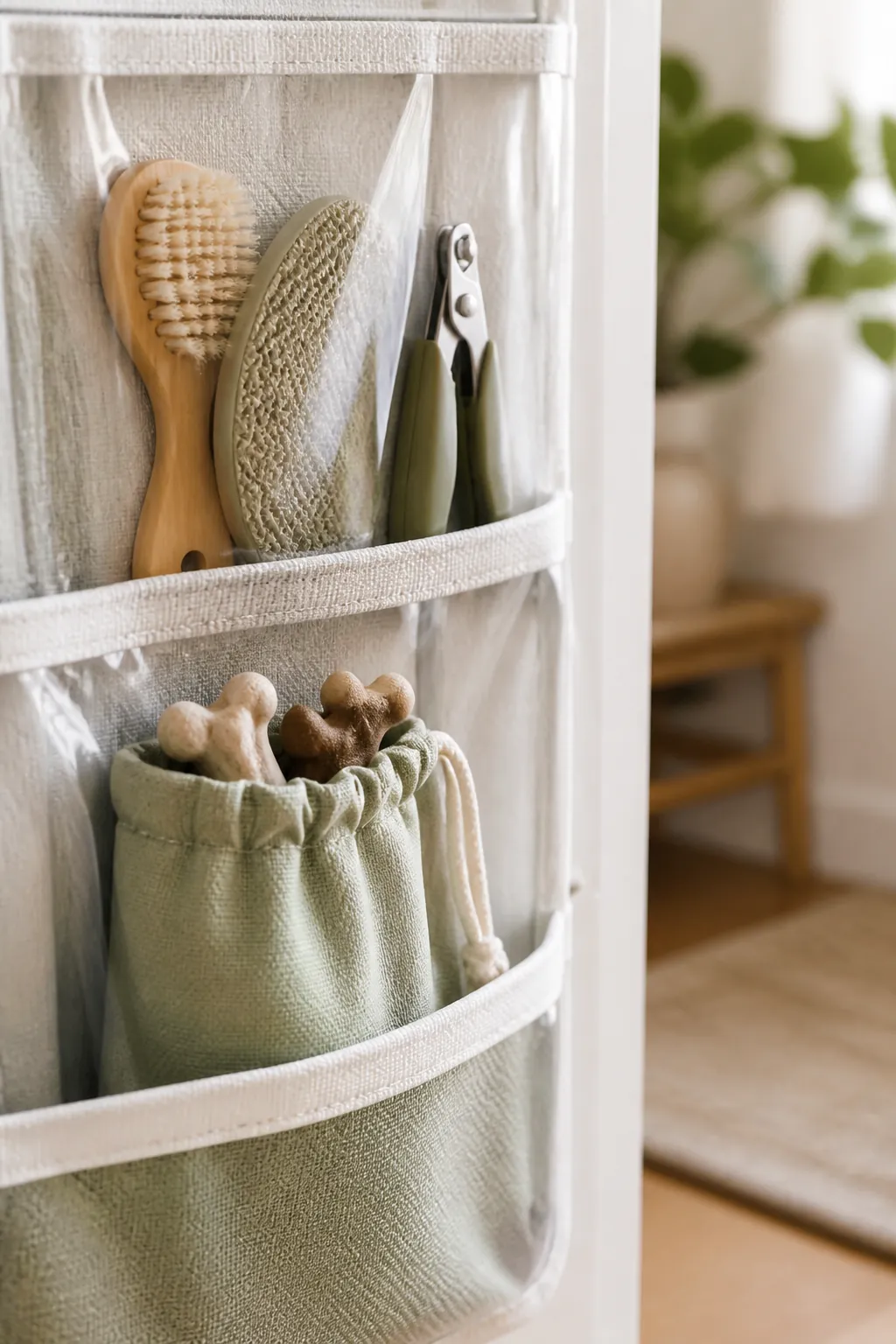 An over-the-door organizer with clear pockets holding nail clippers, a brush, and a treat pouch