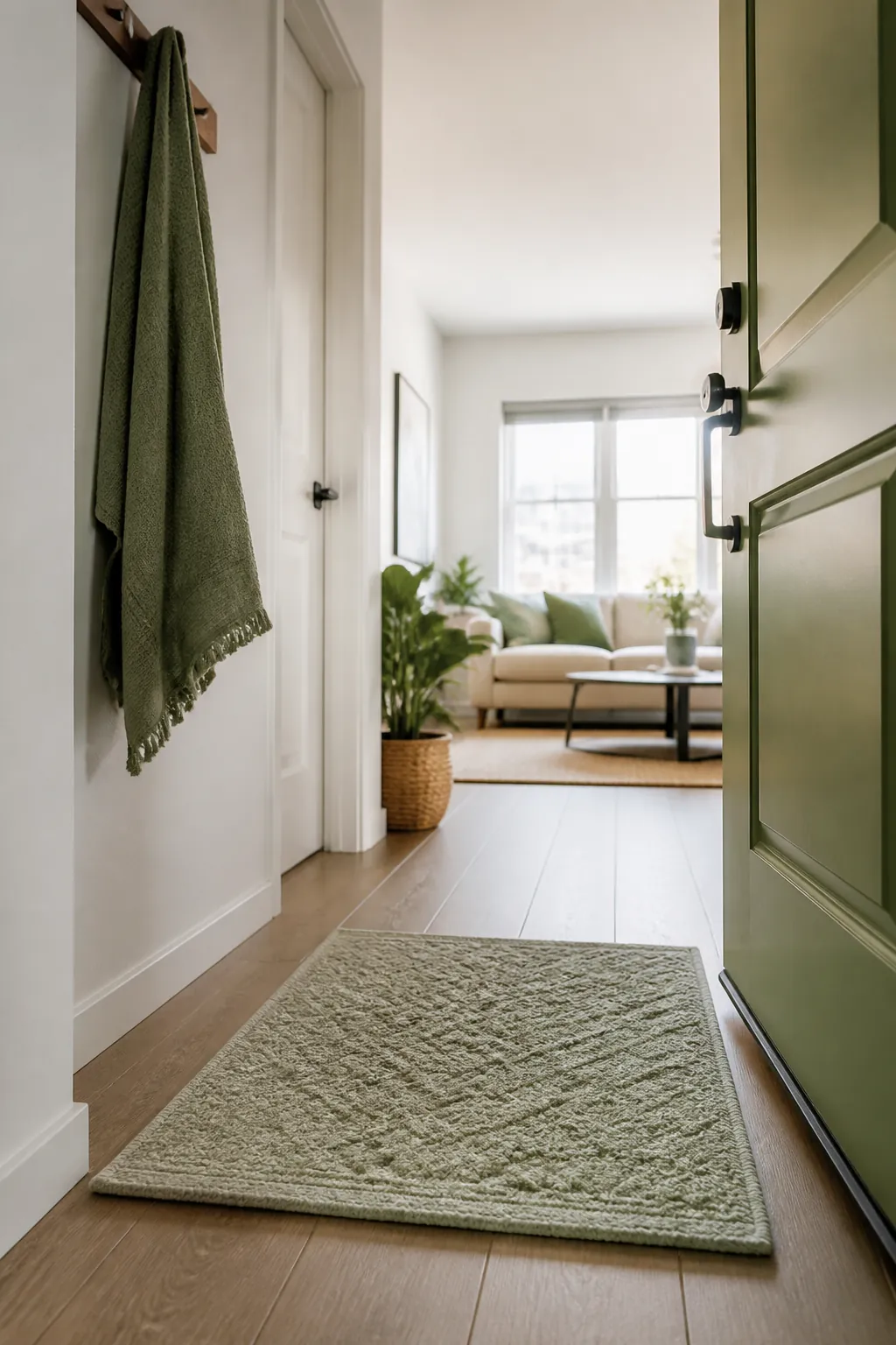 A washable mat just inside the front door, a small towel hanging on a hook beside it