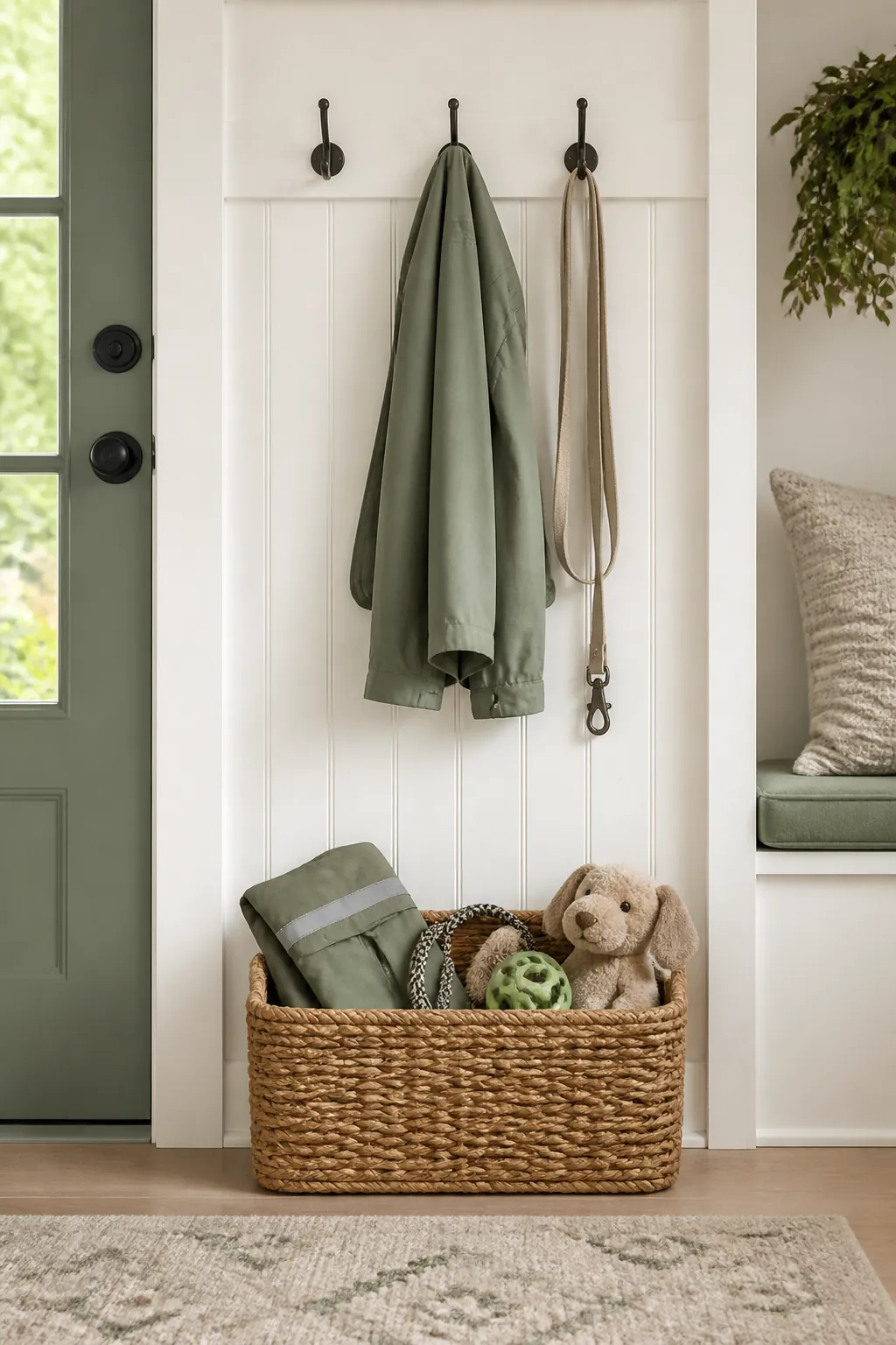 A woven basket on an entryway floor holding dog toys, a spare leash, and a folded raincoat