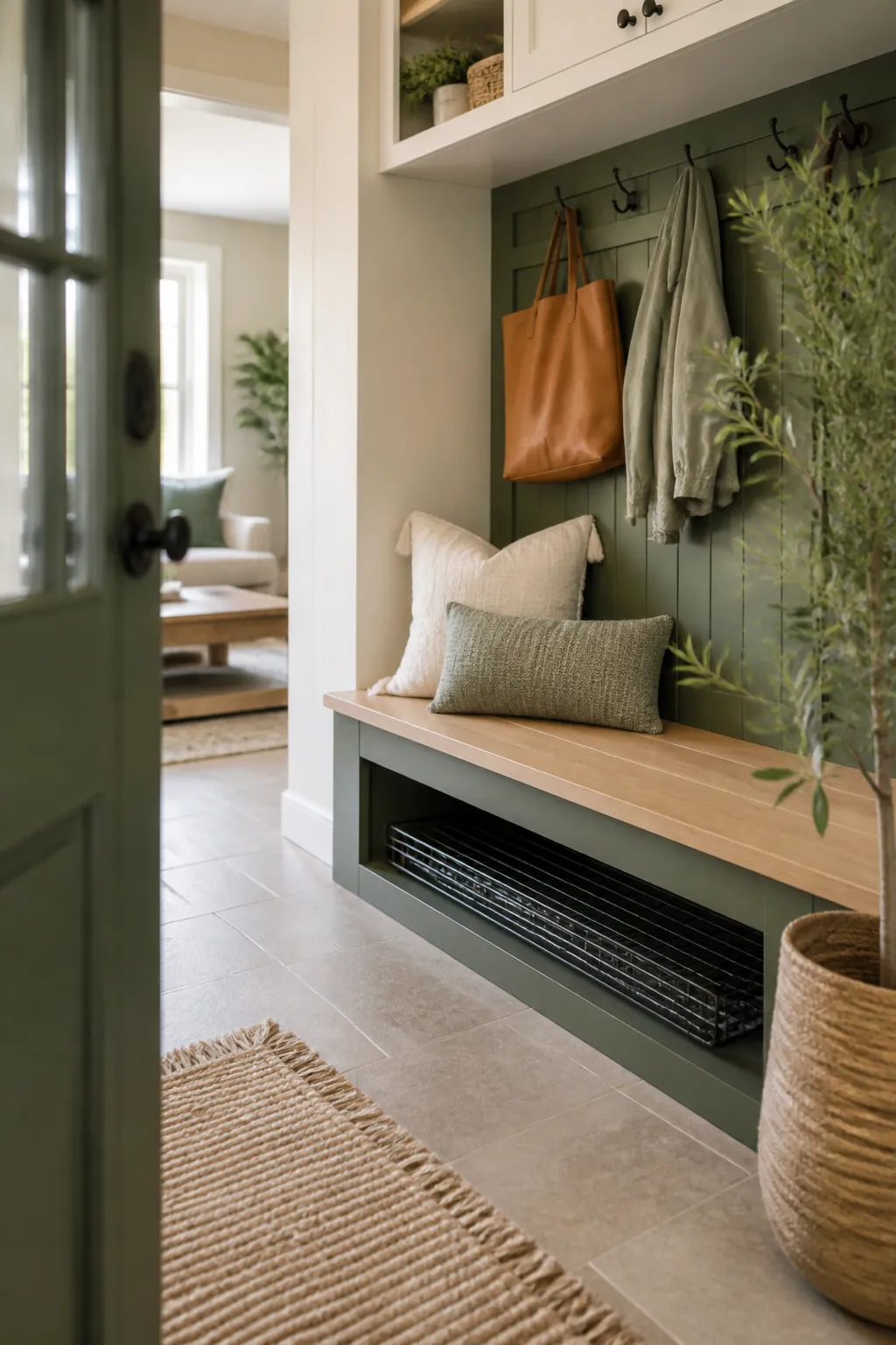A collapsible wire dog crate folded flat, slid into the gap under an entryway bench