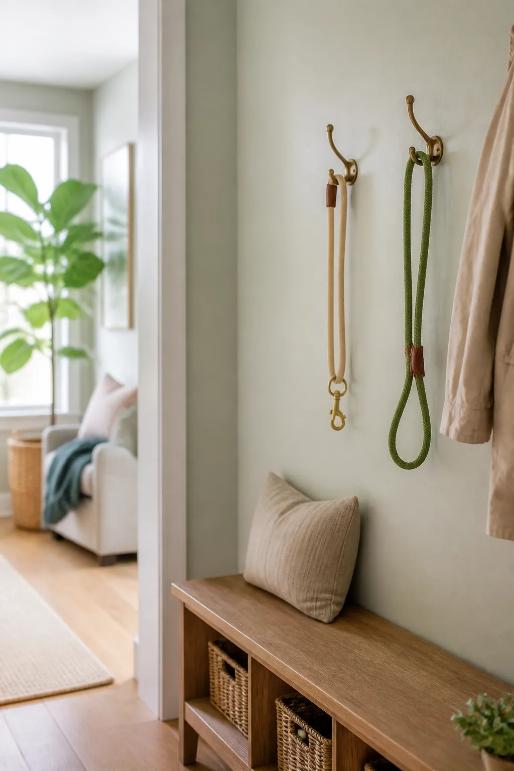 Two dog leashes hanging from two separate wall hooks spaced apart near an apartment door