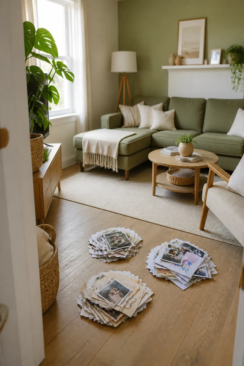 Loose photographs, ticket stubs and children's drawings sorted into three separate piles on a living room floor.