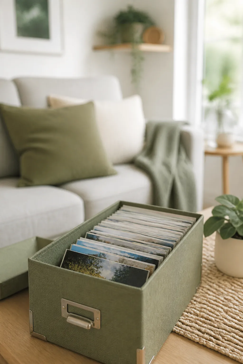 Rows of 4x6 photographs standing upright inside an open photo storage box with the lid removed.