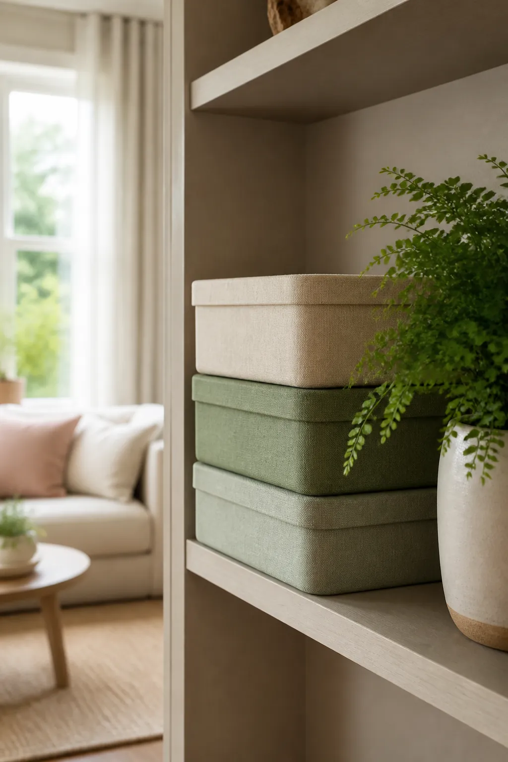 Two stackable keepsake bins sitting side by side on one bookcase shelf with empty space at the edge.