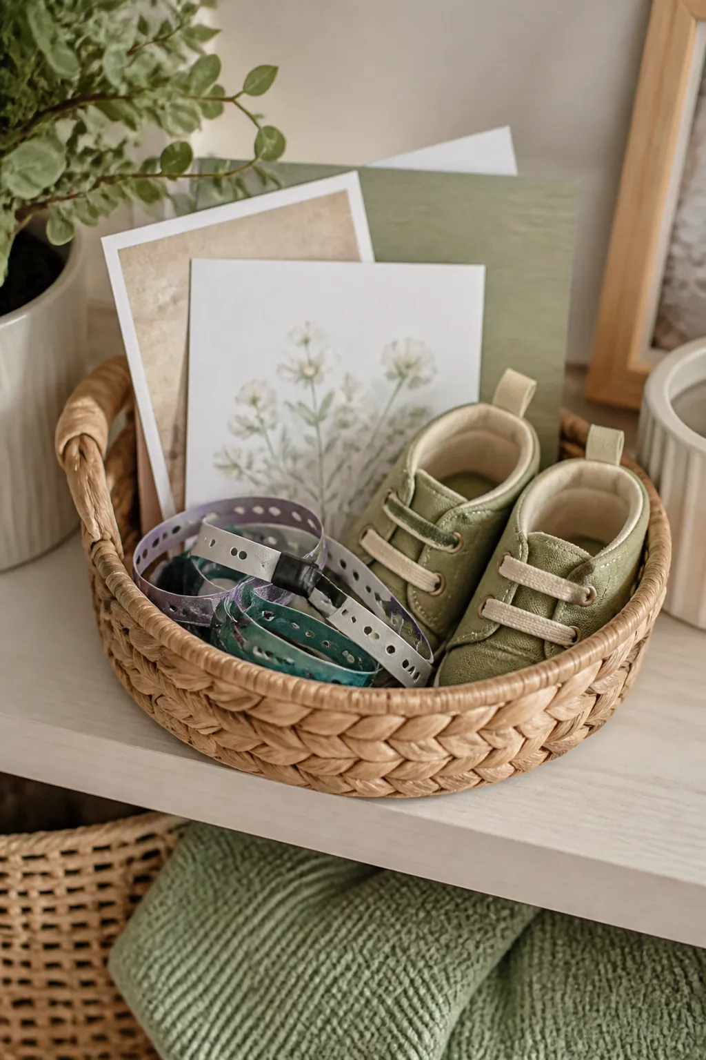 A small basket on a shelf holding wristbands, birthday cards and a pair of baby shoes together.