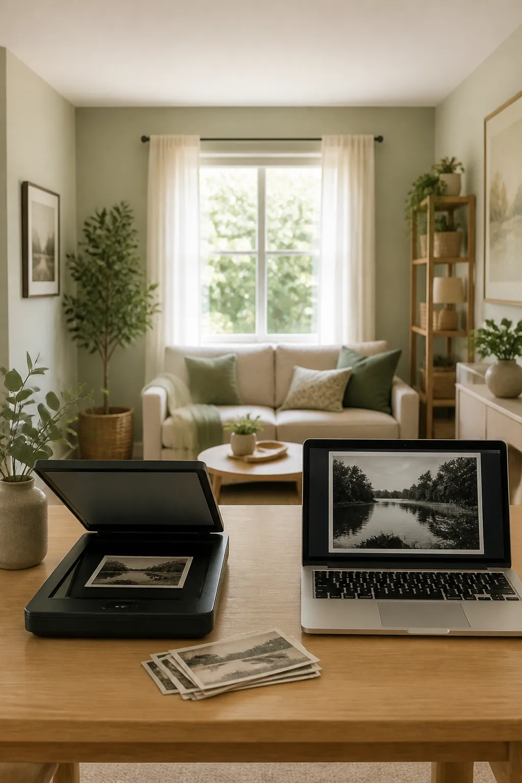 A flatbed scanner beside a stack of old photographs, a laptop screen showing one scanned image nearby.