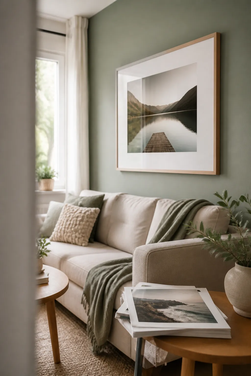 A large wall frame holding one photograph, with alternate photographs stacked nearby ready to swap in.