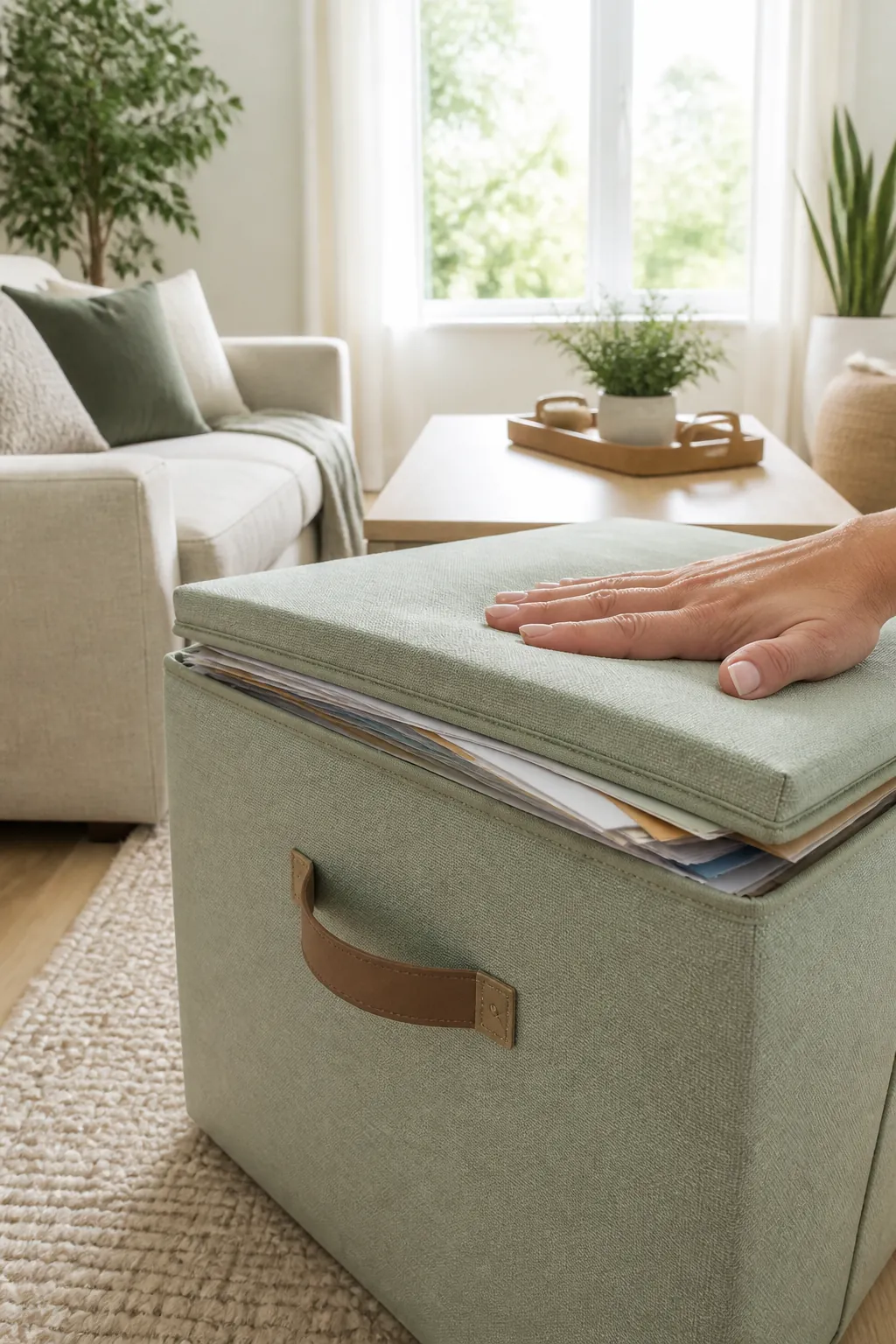 A hand pressing on a keepsake bin lid that no longer closes flat over bulging papers.