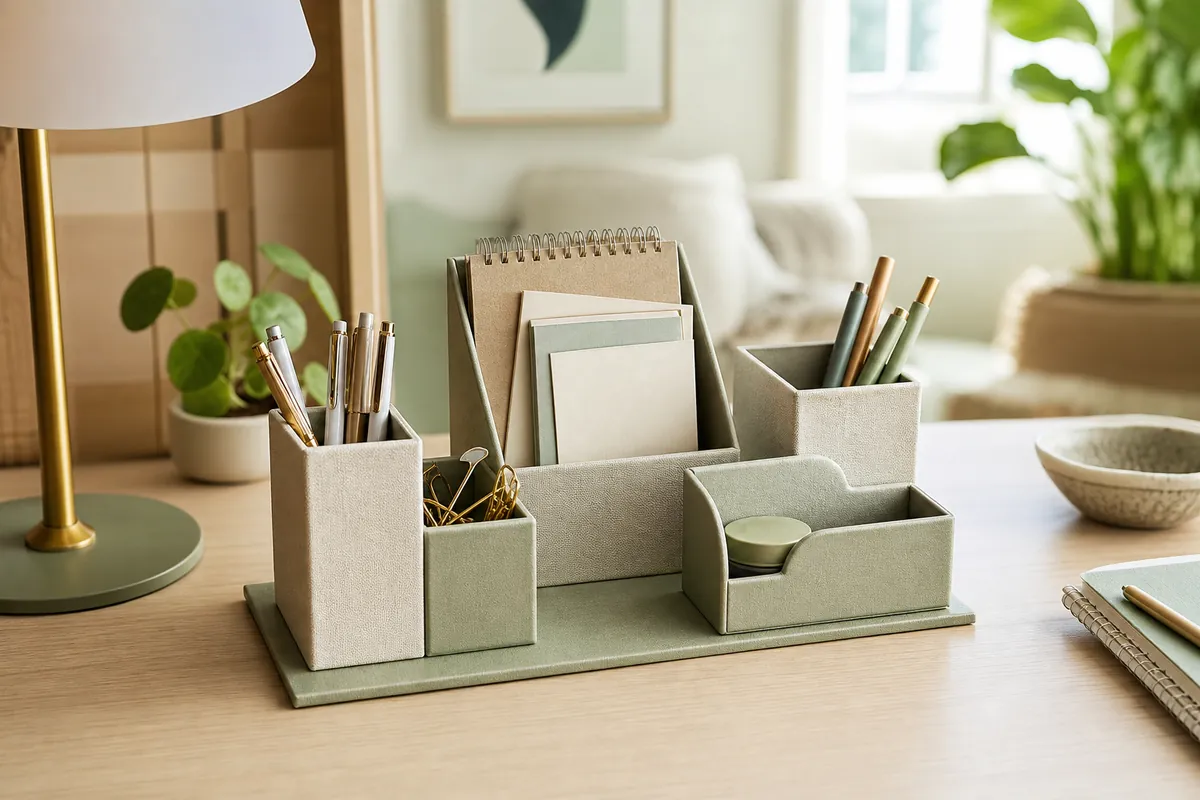 A desk organizer set on a tidy desk with pens and small supplies each in their own compartment