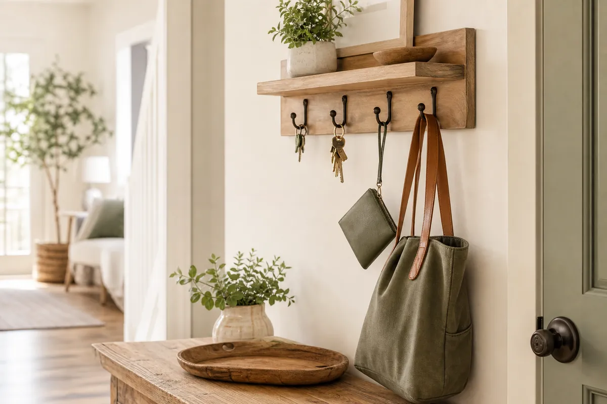 An entryway tray and hooks holding keys, a wallet and a bag as a landing spot by the door