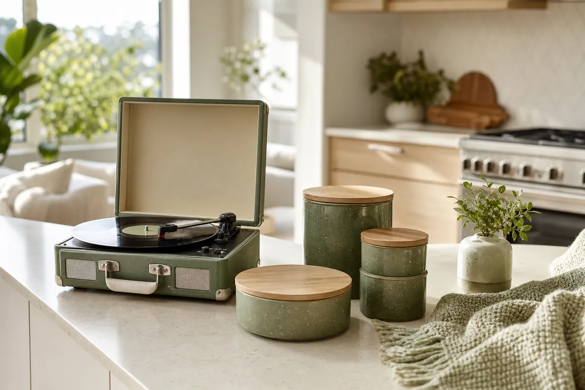 A turntable and matching labelled containers grouped on a kitchen counter as practical organizing gifts