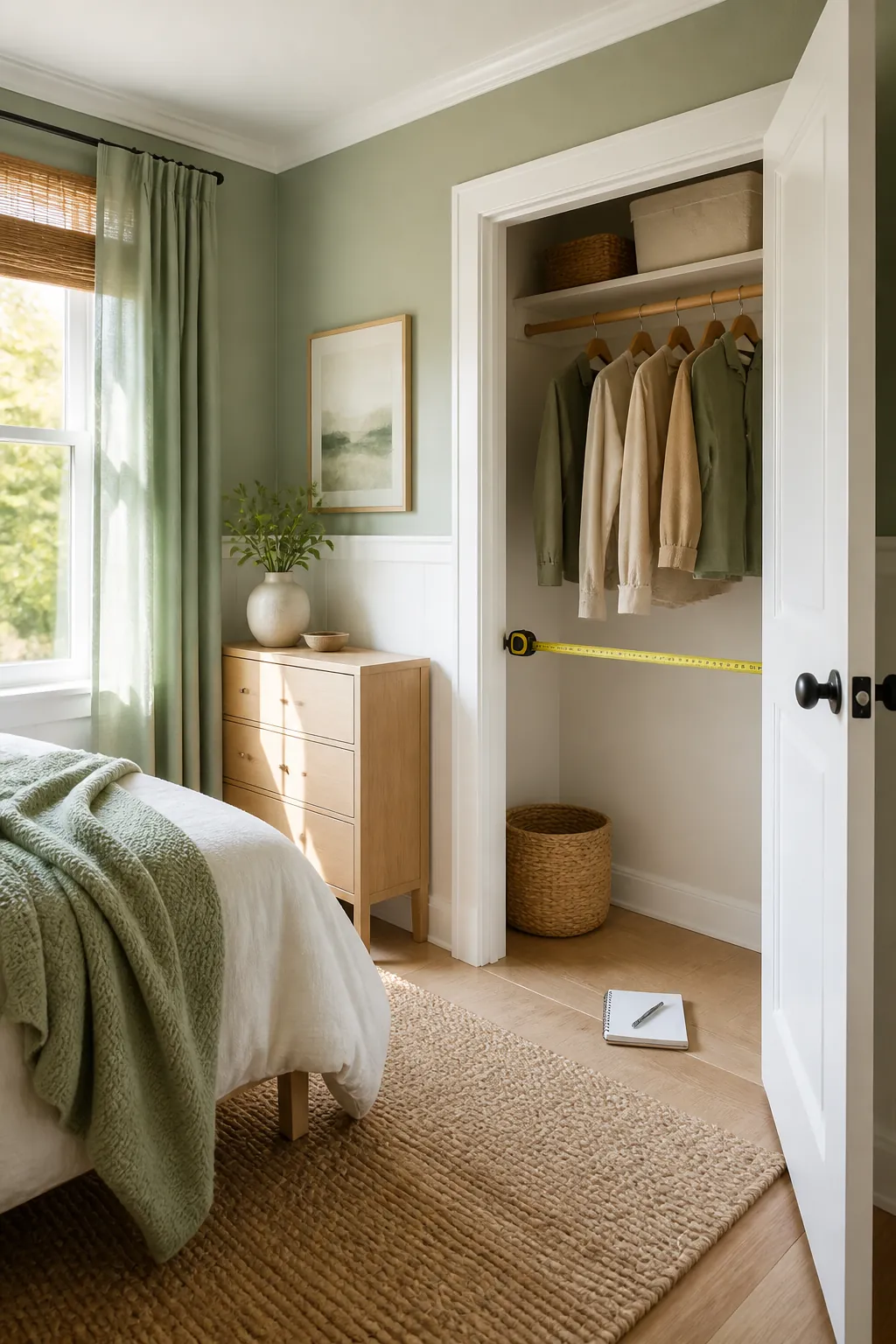 Tape measure across the inside depth of a small closet, a notepad of written measurements on the floor beside it