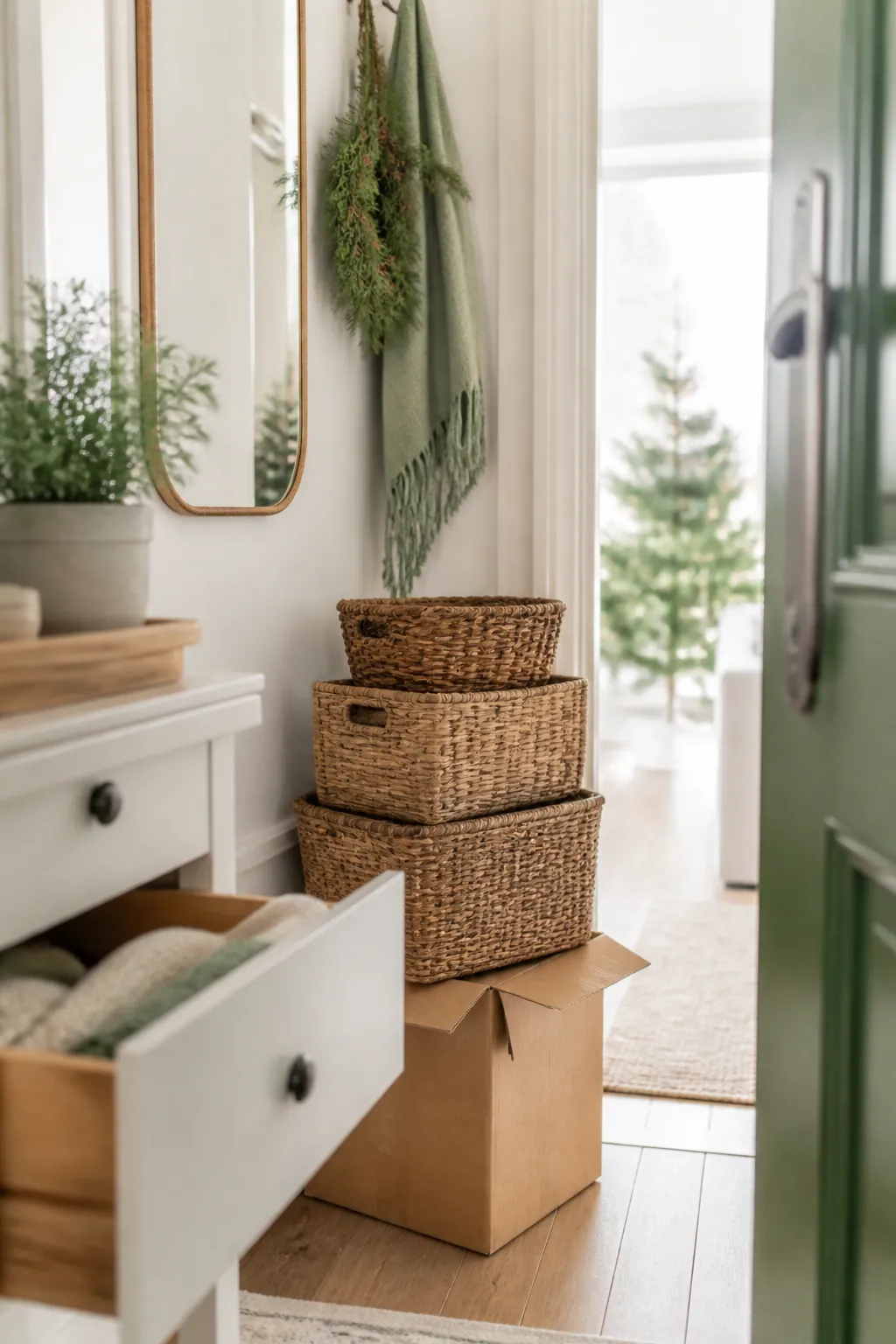 Delivery box by an apartment door with a mismatched stack of different-sized storage baskets on top