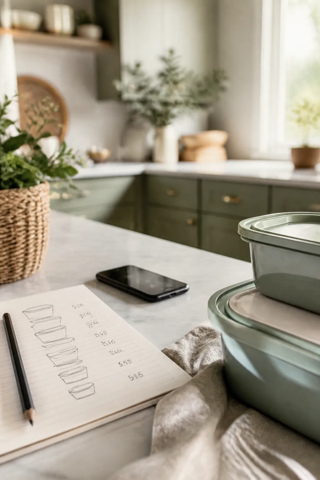 Phone on a kitchen counter next to a handwritten storage shopping list with a price written beside each item