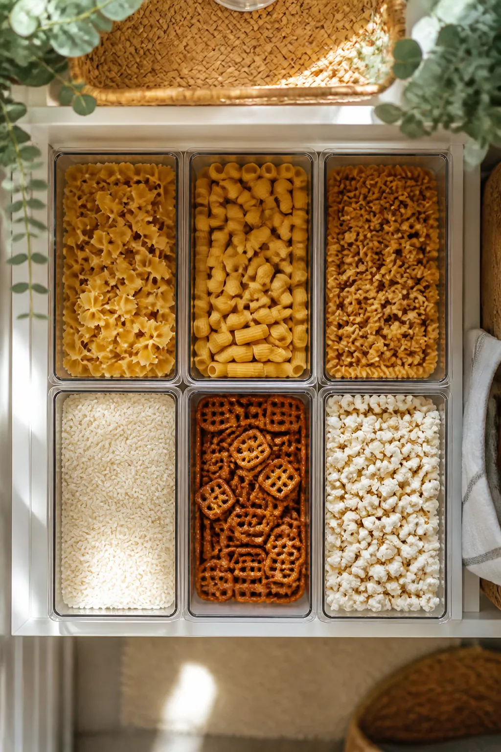 Six matching clear stackable bins on a pantry shelf holding pasta, rice and snacks