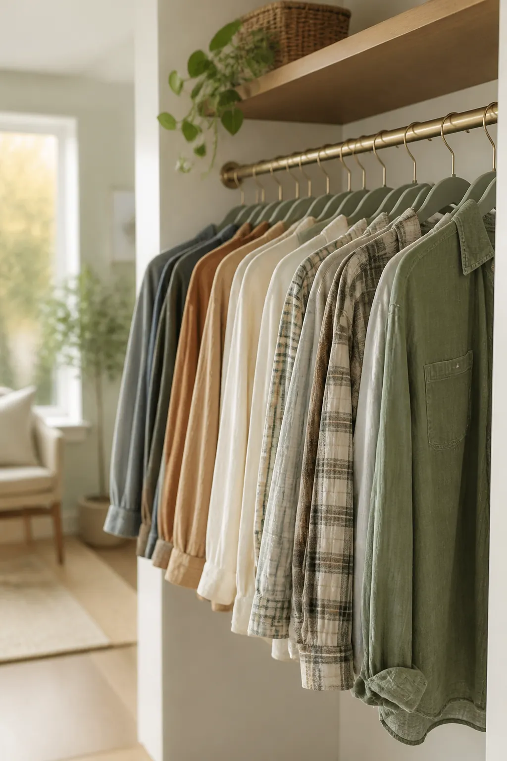 Closet rod of shirts on identical slim velvet hangers in one color, evenly spaced