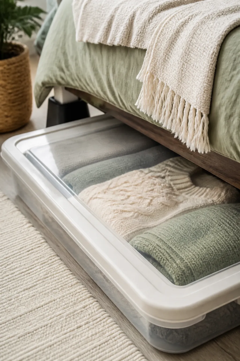 Flat lidded under-bed bin half slid out from under a bed raised on risers, folded sweaters inside
