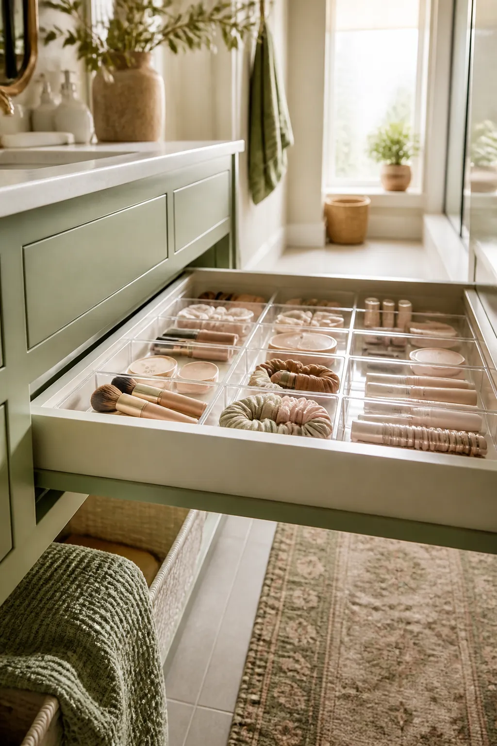 Open bathroom drawer divided by clear acrylic trays holding makeup, hair ties and small tubes
