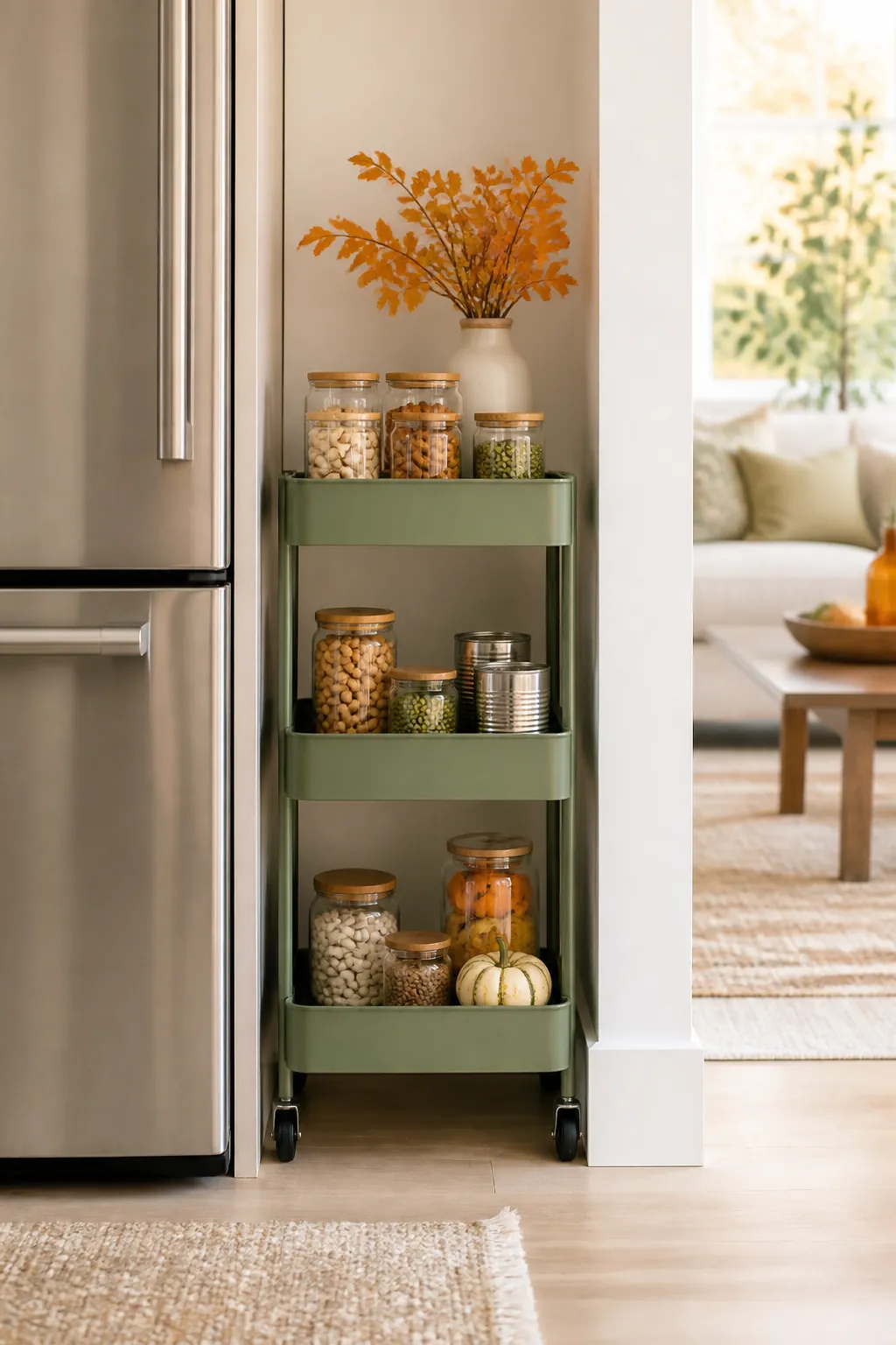 Narrow three-tier rolling cart in the gap beside a refrigerator, holding jars and cans