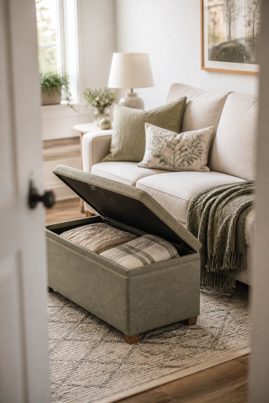 Storage ottoman open in front of a sofa with folded throw blankets inside