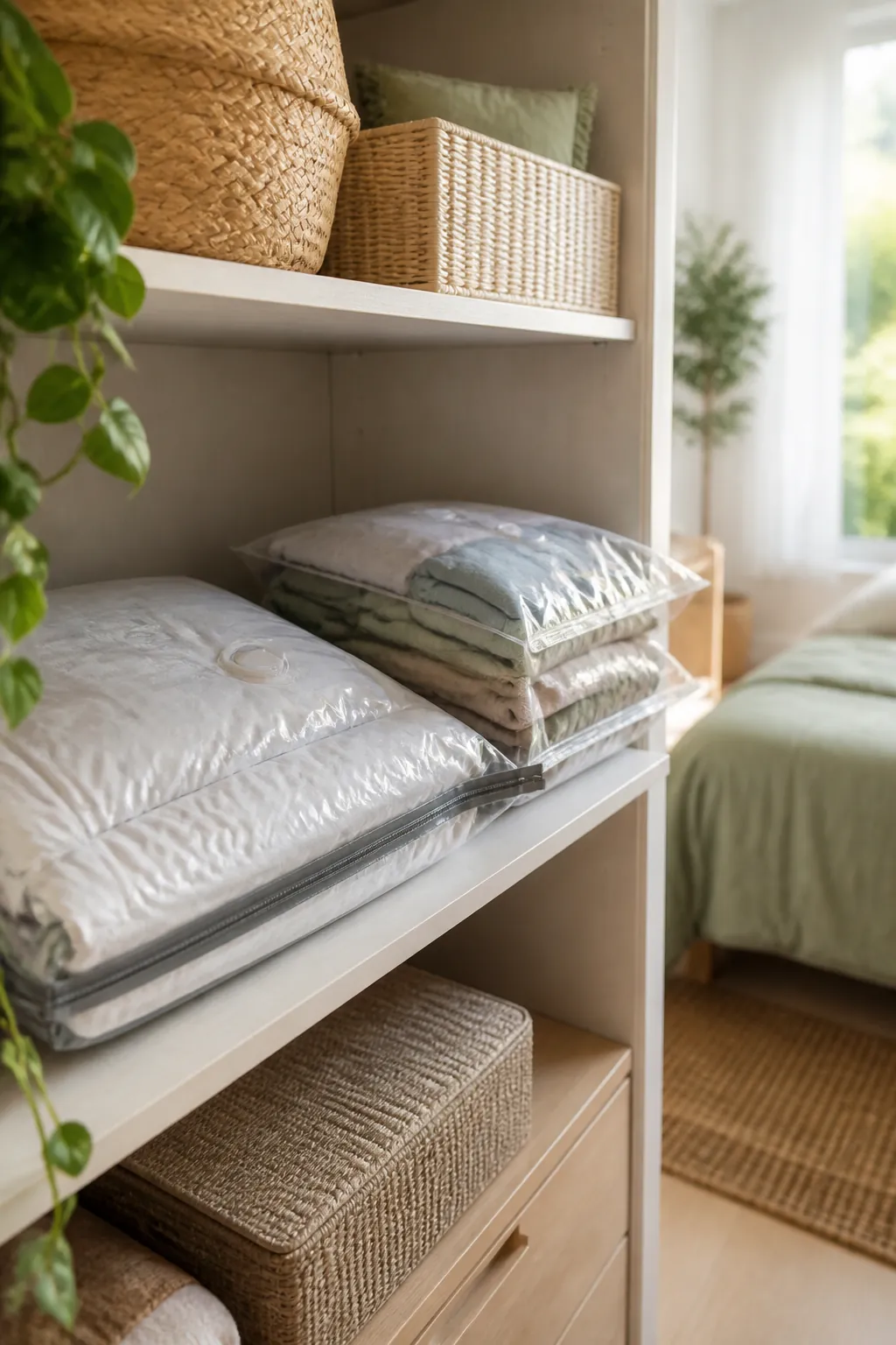 Vacuum compression bags holding a flattened duvet and folded summer clothes on a closet shelf